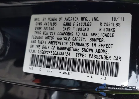 2012 Honda Accord 2.4 Ex-L z USA, uszkodzony, nr VIN 1HGCP2F82CA035124